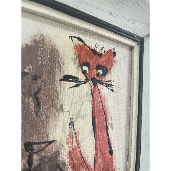 Mid Century Atomic Cat Hand Painted Framed Art Whimsical Cool Cats 7.5x 8.5 x1.5 - Picture 7 of 11